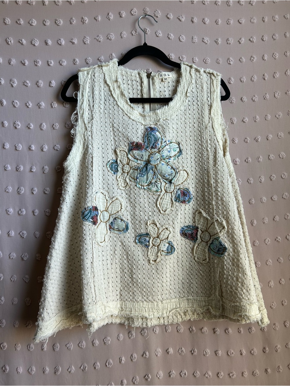 Pol Women’s Oversized Embroidered Floral Sleeveless Tank Sz M White